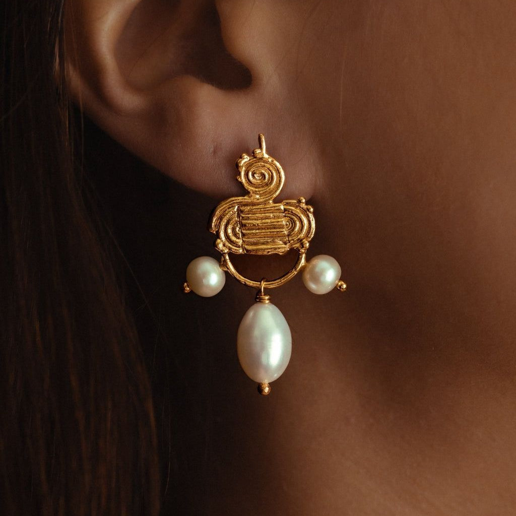 Tribal Pearl Gold Earrings