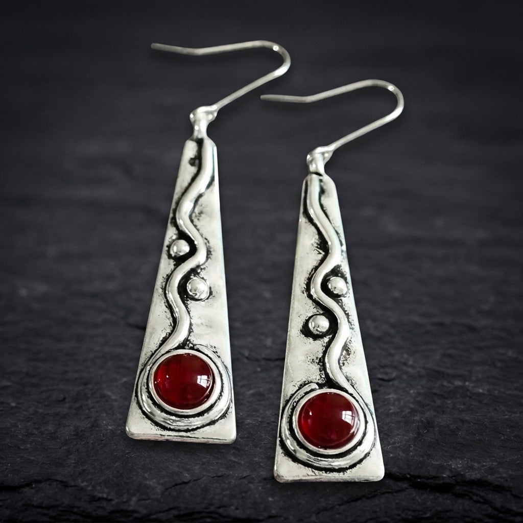 Artisan Silver Geometric Red Stone Earrings
