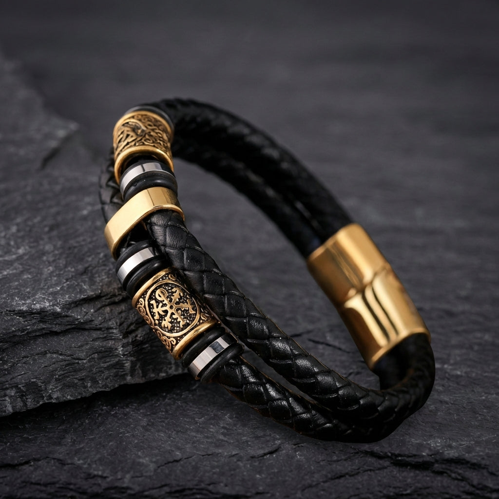 Black Woven Leather & Gold Charm Bracelet