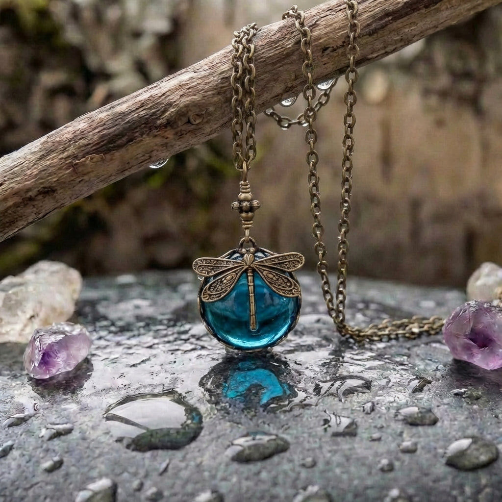 A Blue Crystal Dragonfly Necklace In Antique Gold – Hardanger Atelier