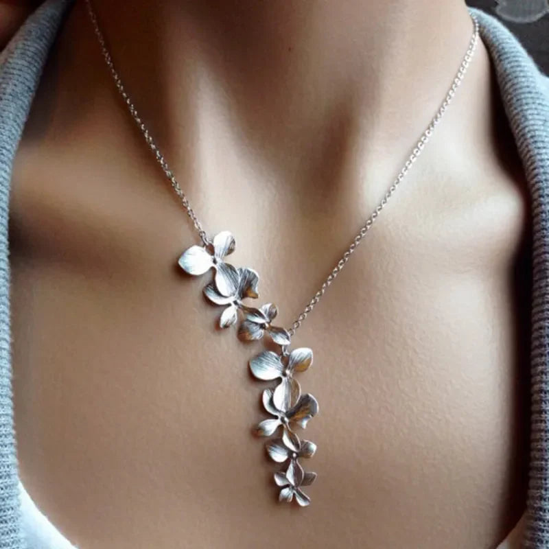 Cascading Orchid Silver Necklace