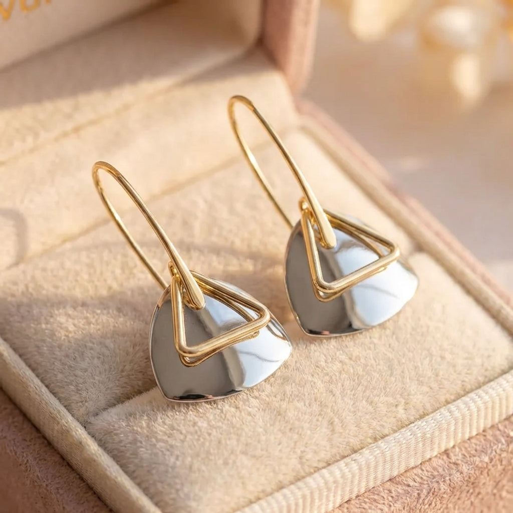 Retro Gold Triangular Silver Pendant & Curved Hook Earrings