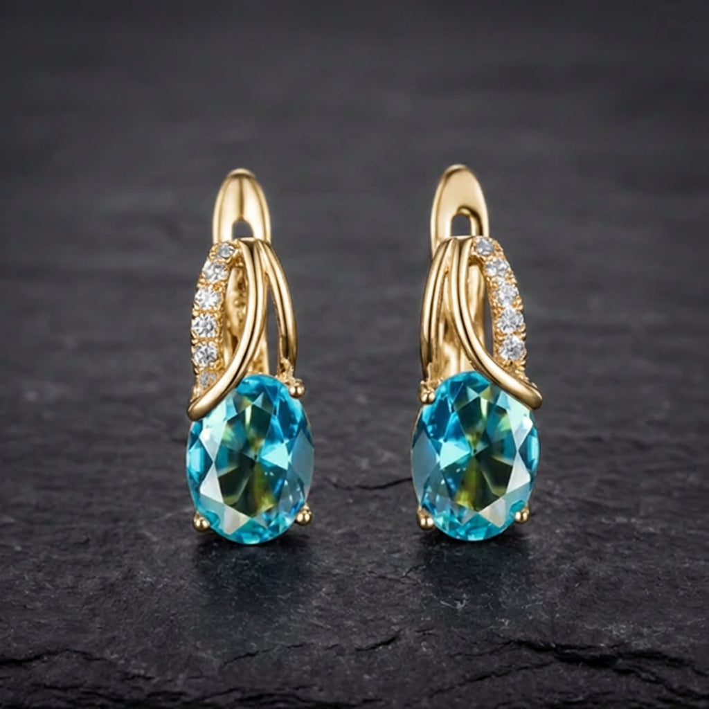 Aqua Blue Zircon Oval Stone Earrings
