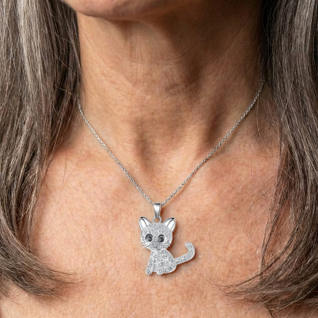 Silver Baby Kittens And Coloured Zirconia Necklace