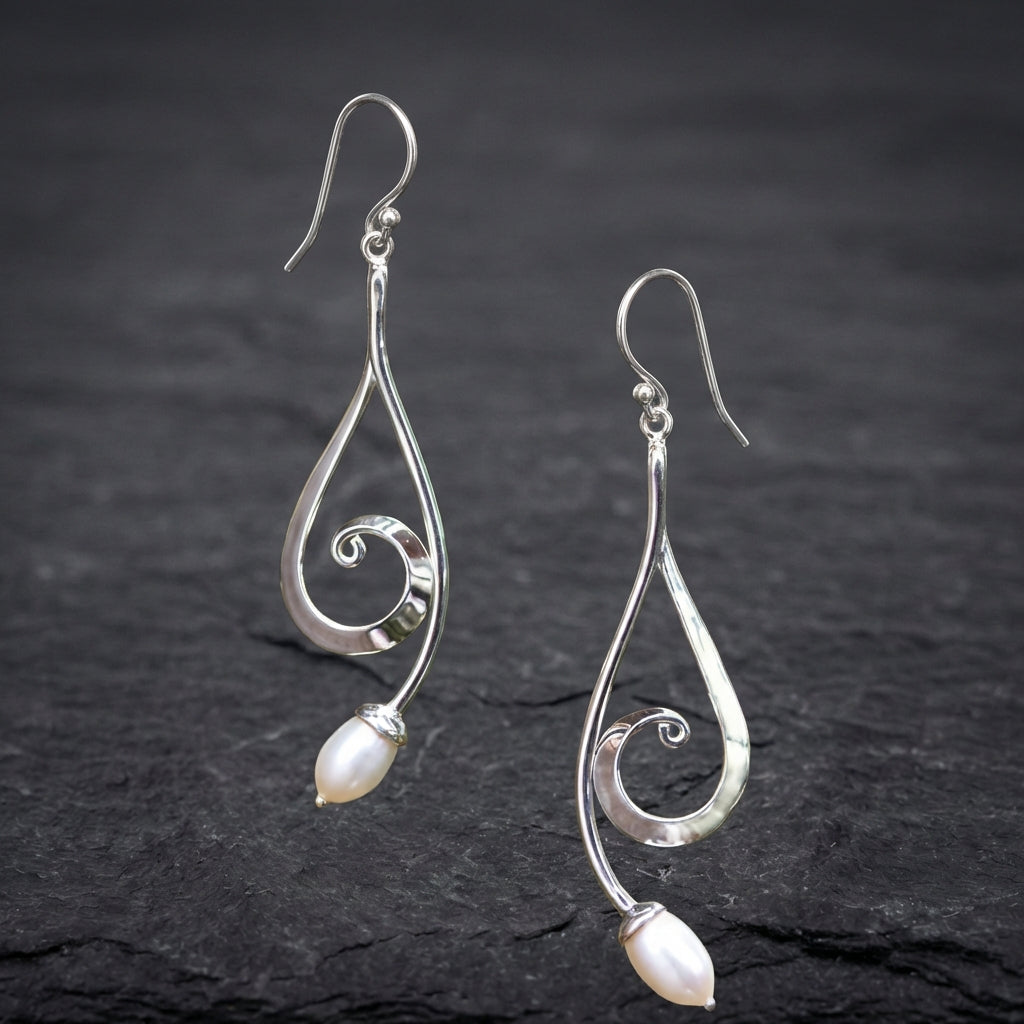Vintage Dangling Spiral Pearl Silver Earrings