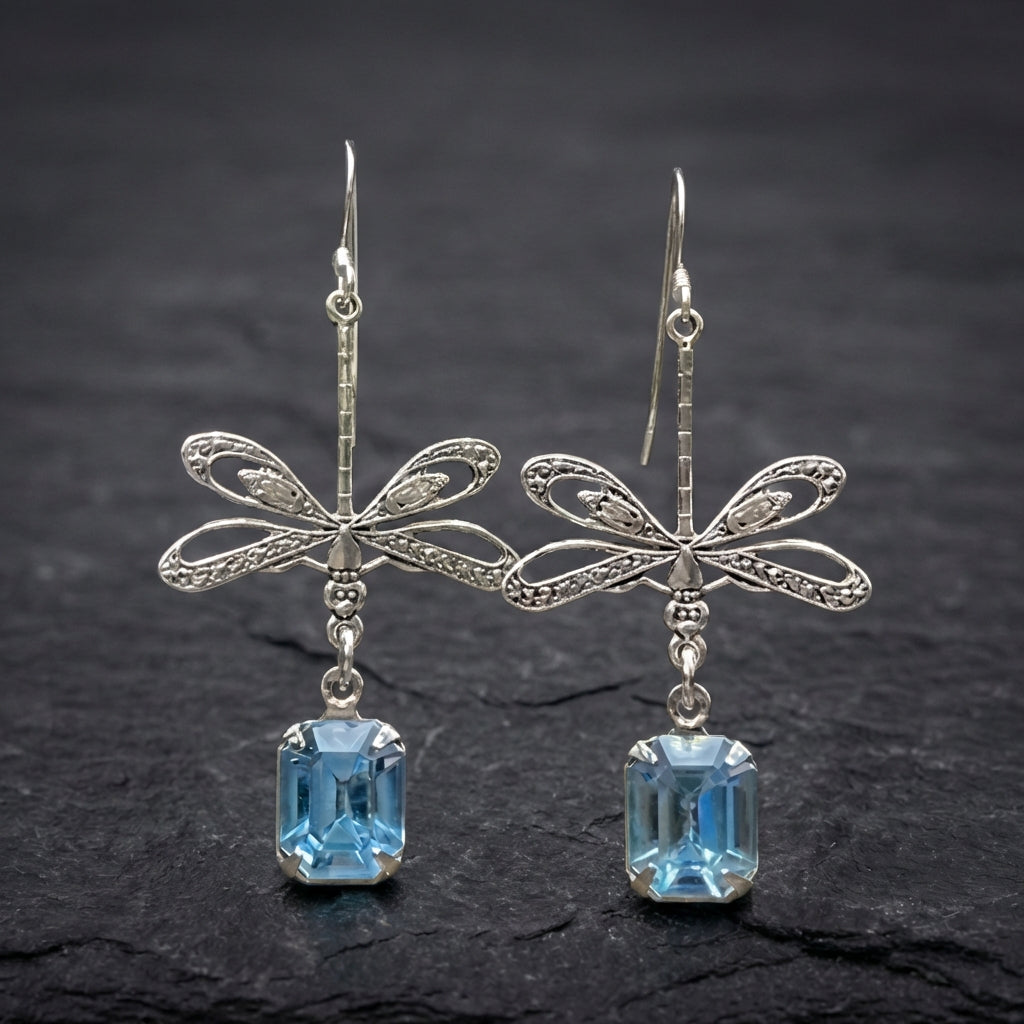 Vintage Dragonfly Blue Stone Dangle Earrings