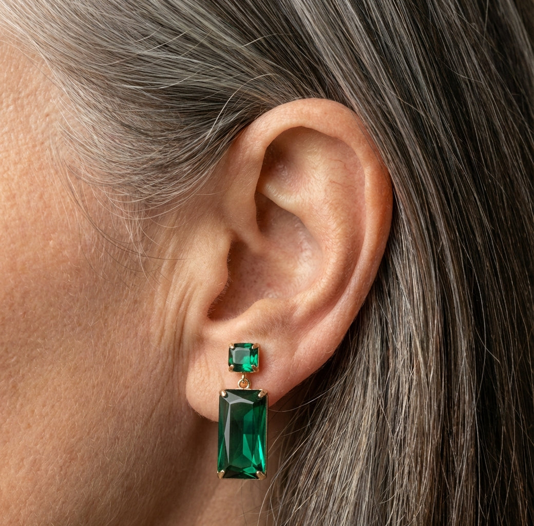 Vintage Green Rectangle Crystal Earrings