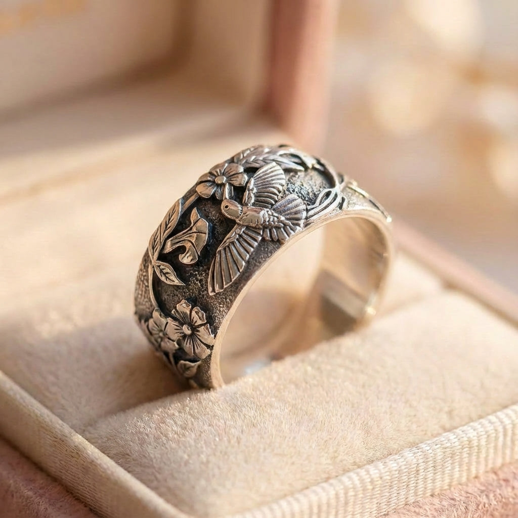 Vintage Hummingbird Flower Ring