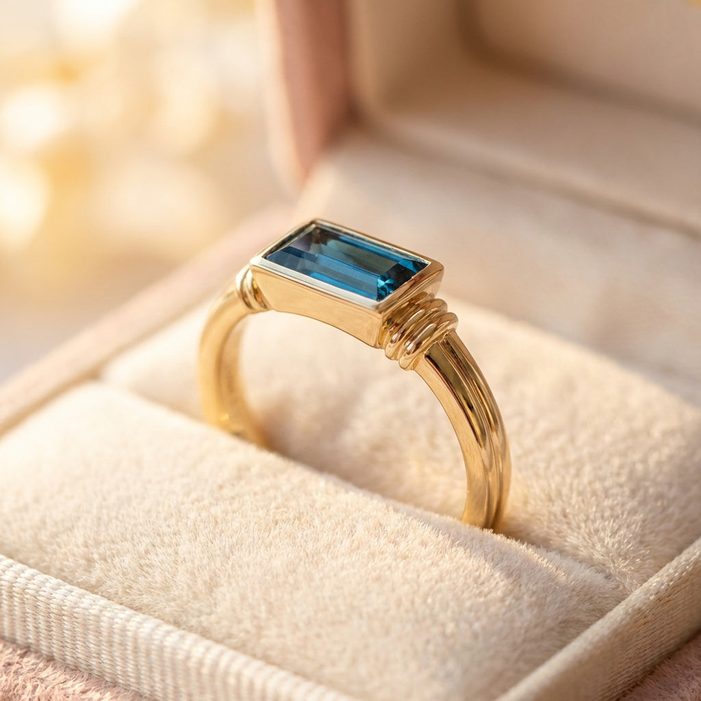 Vintage Inlaid Rectangular Blue Glass Ring