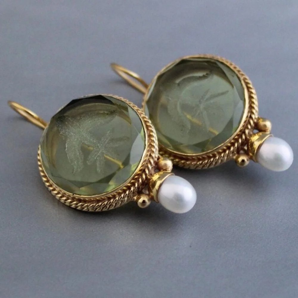 Vintage Prehnite Pearl Earrings