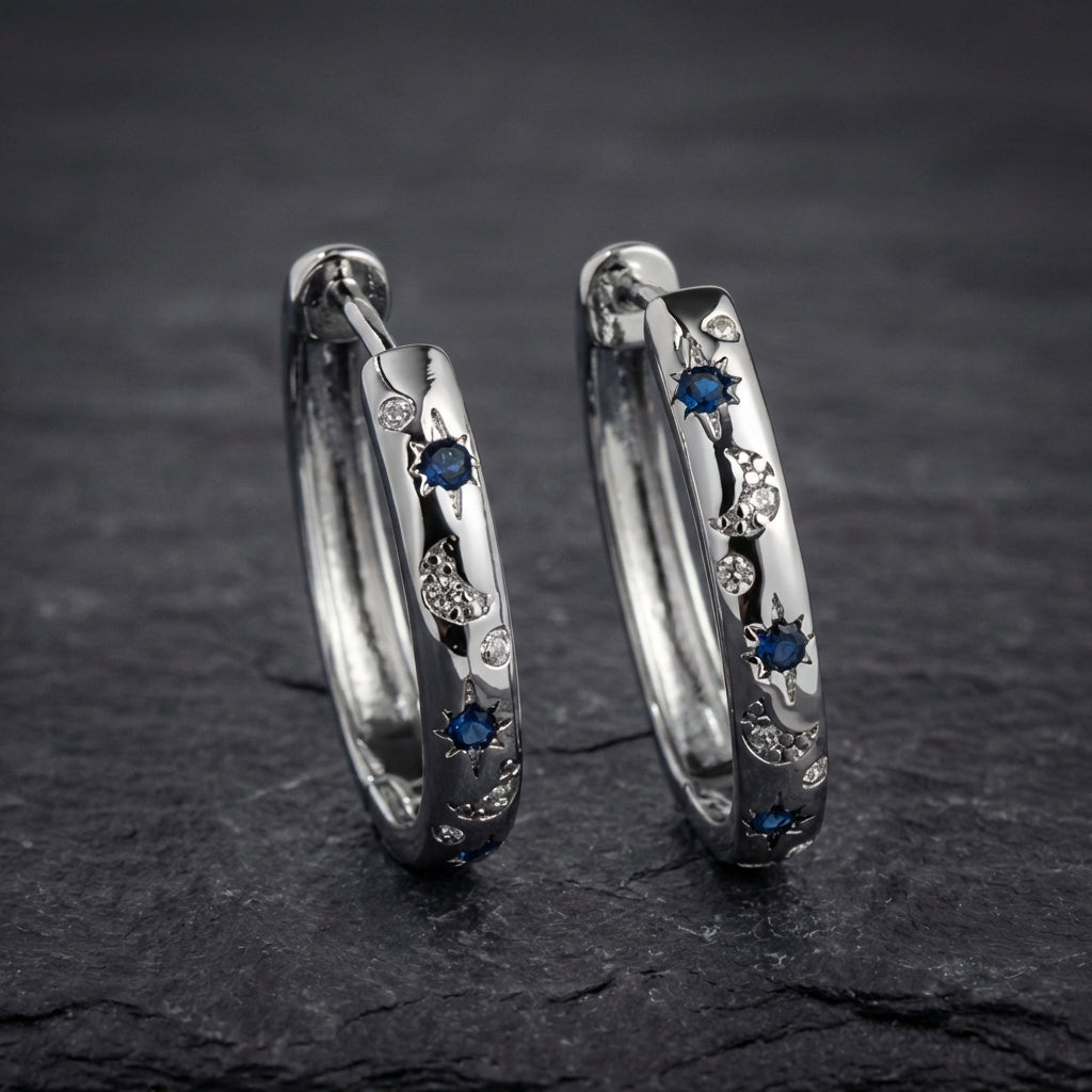 Vintage Silver Carving Sun And Moon Hoop Earrings