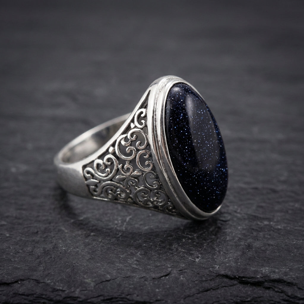 Vintage Silver Midnight Oval Stone Ring