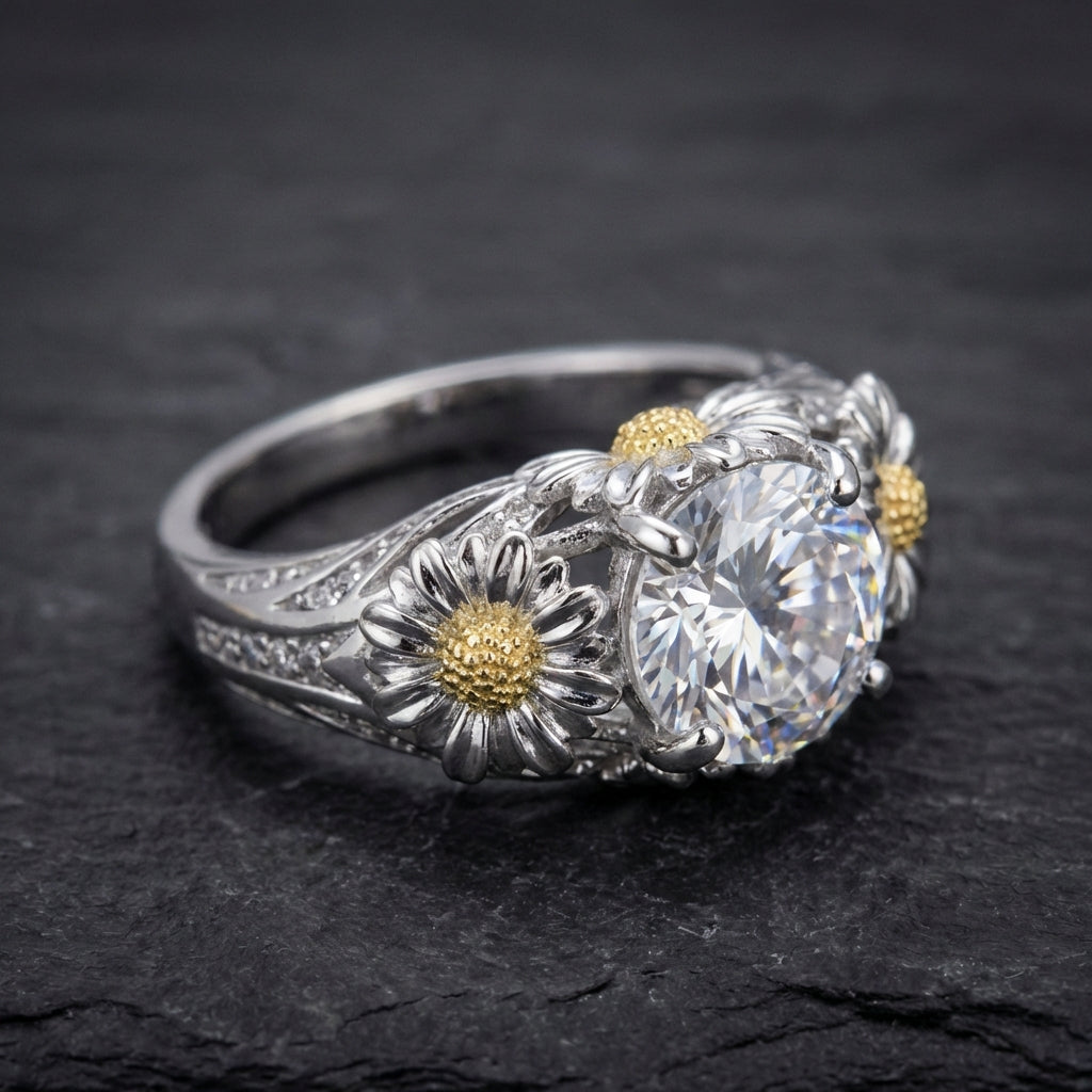 Vintage Yellow Sunflower & Silver Ring