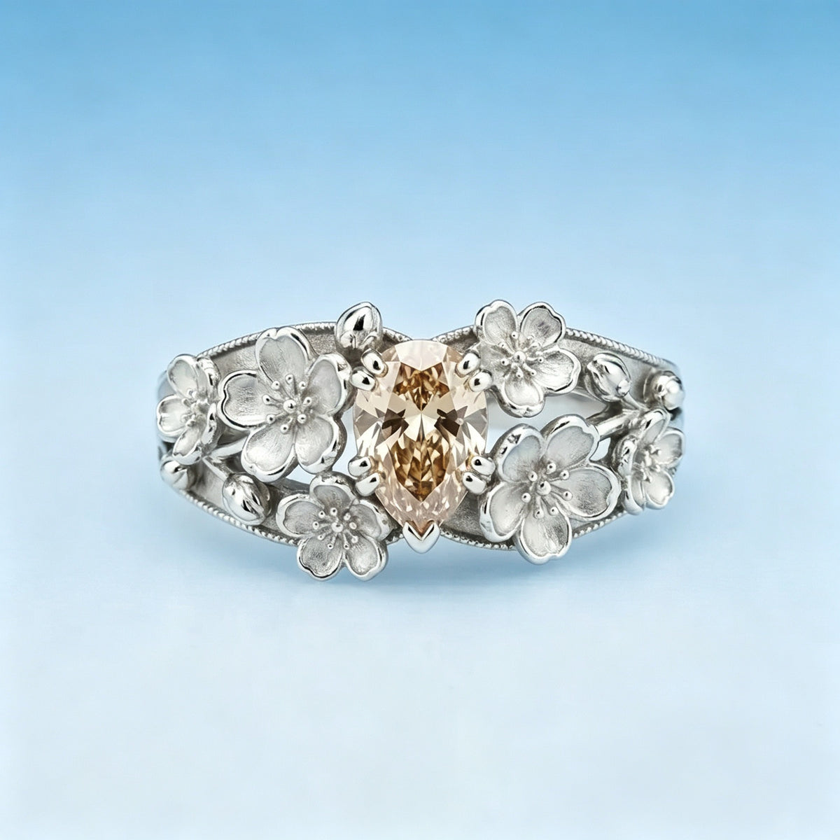 Green Nature Crystal Flower Silver Ring