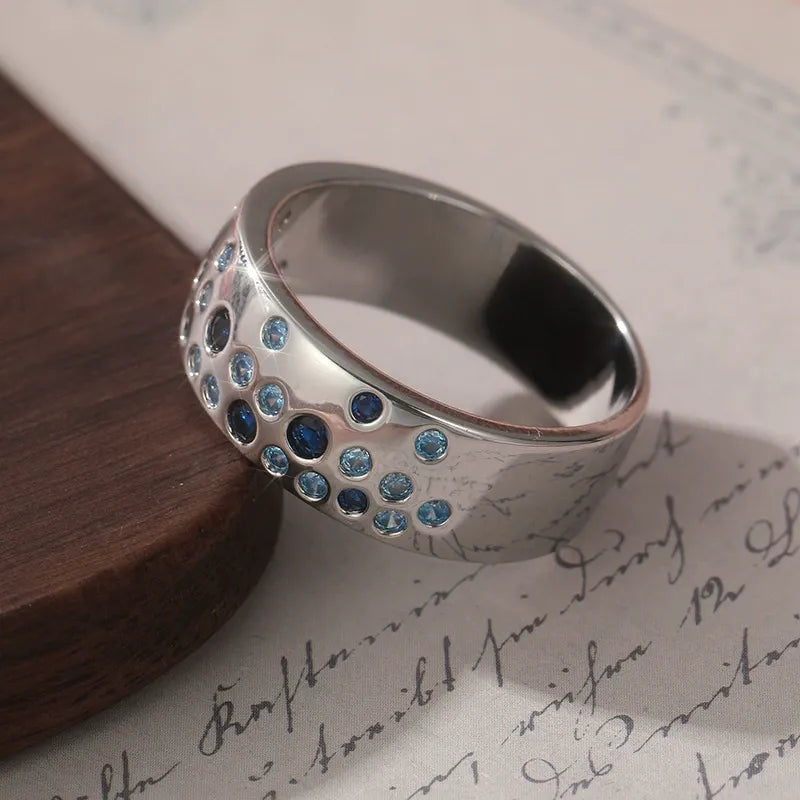 Vintage Inlaid Blue Crystals Silver Ring