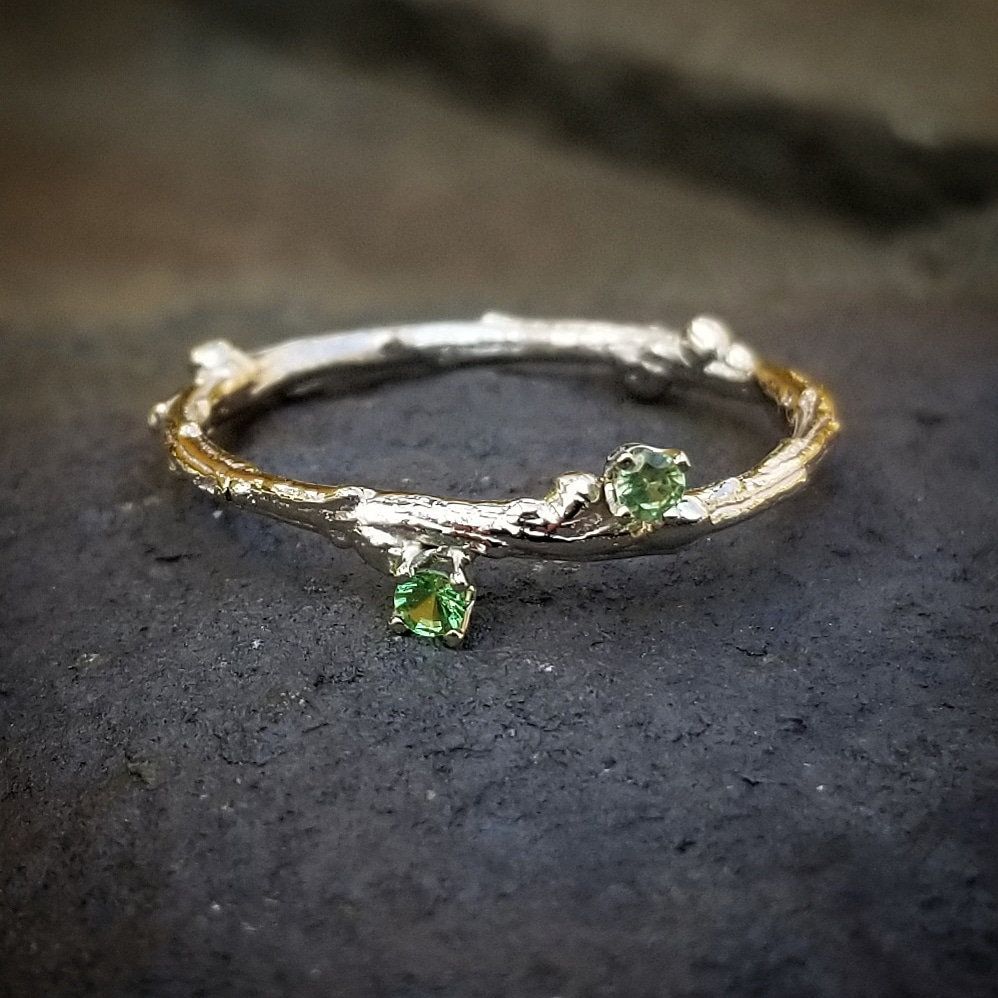 Nature Green Stone Silver Branch Ring