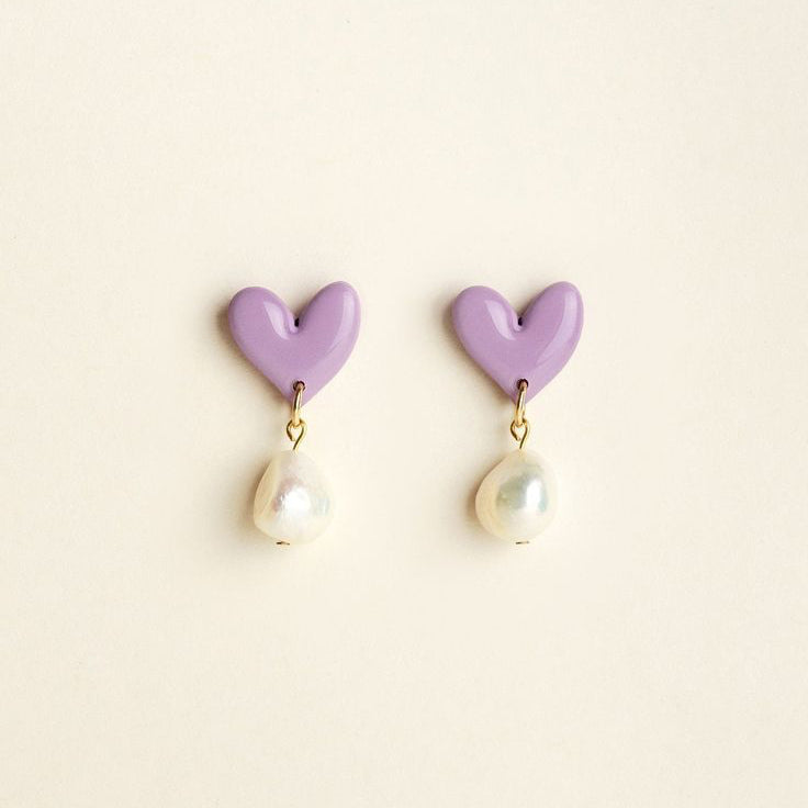Lilac Heart Pearl Drop Earrings