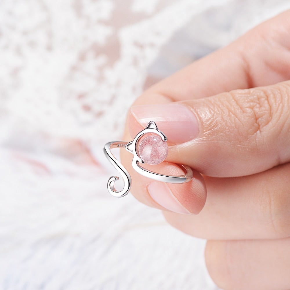 Pink Kitten Ring In 925 Sterling Silver And Agate