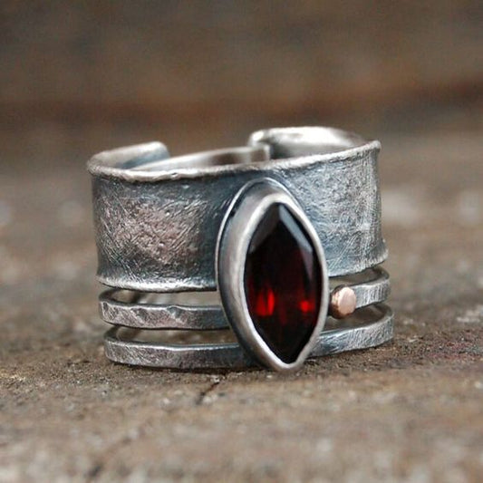 Vintage Oval Red Crystal Silver Ring