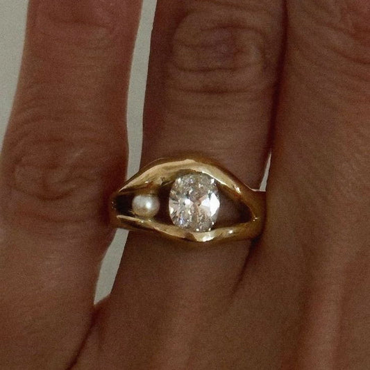 Forged Gold Pearl & Zirconia Ring