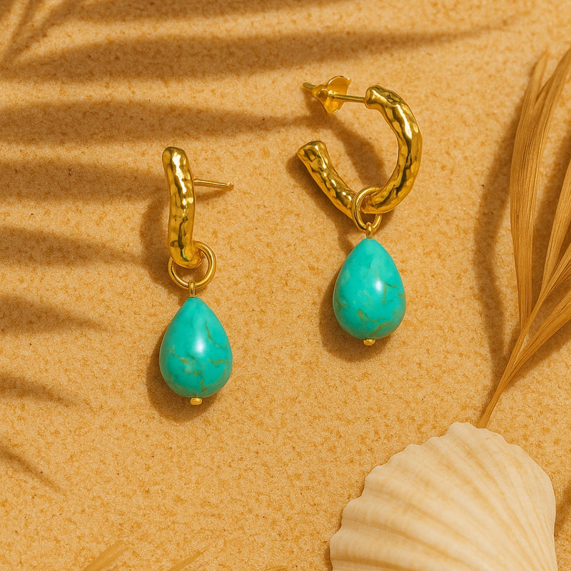 Turquoise Molten Hoop Gold Earrings