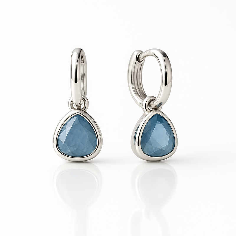Blue Sapphire Drop Hoop Silvered Earrings