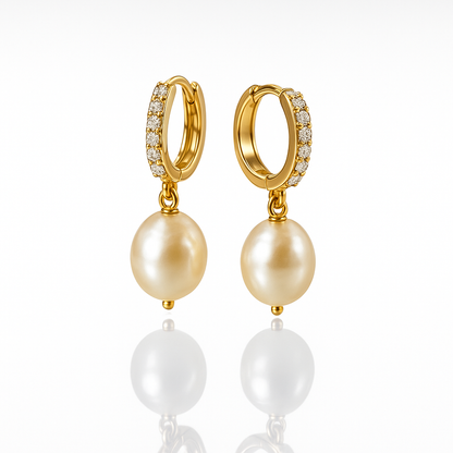 Pave Pearl Drop 14K Gold Hoops