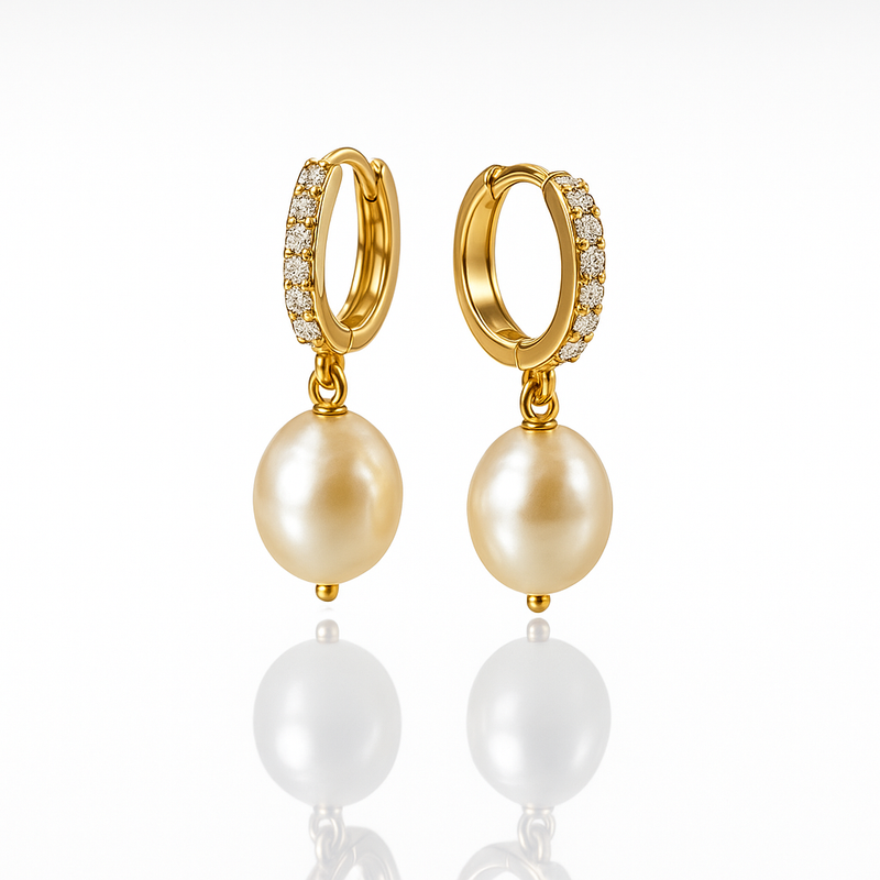 Pave Pearl Drop 14K Gold Hoops