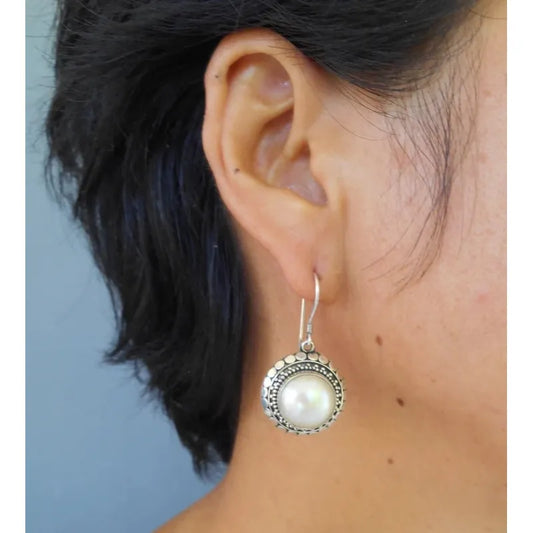 Vintage Inlaid Silver Pearl Earrings