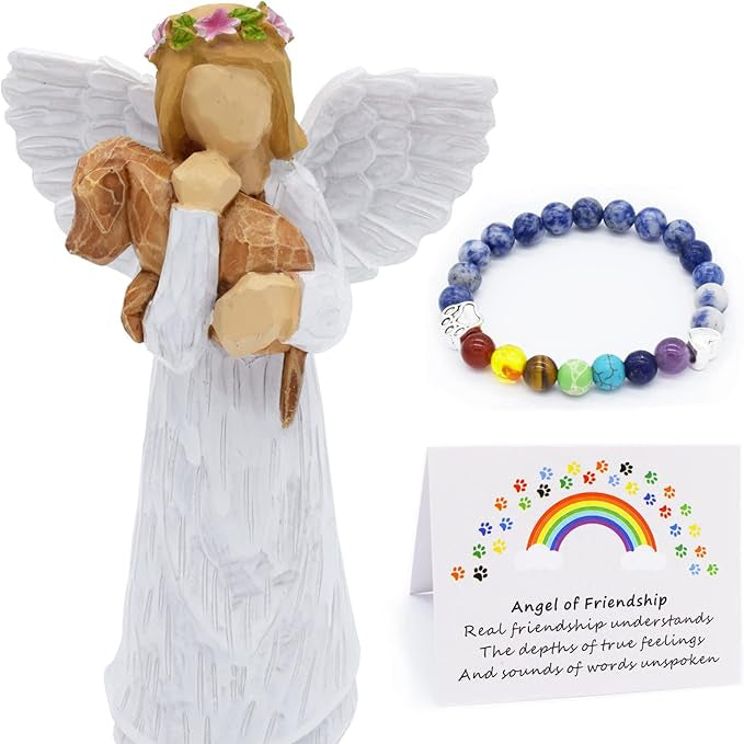 Dog Memorial Gift Set With Angel Of Friendship Figurine & Rainbow Bridge Chakra Bracelet