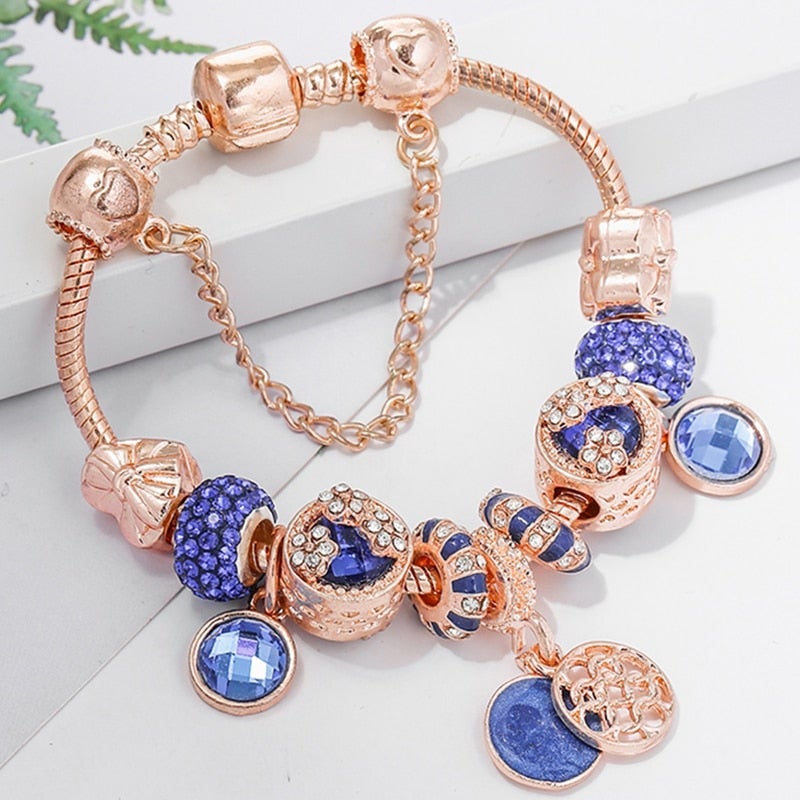 Bracelet In Pink Silver And Blue Crystal