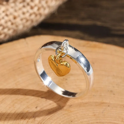 Vintage Dangling Gold Heart Silver Ring