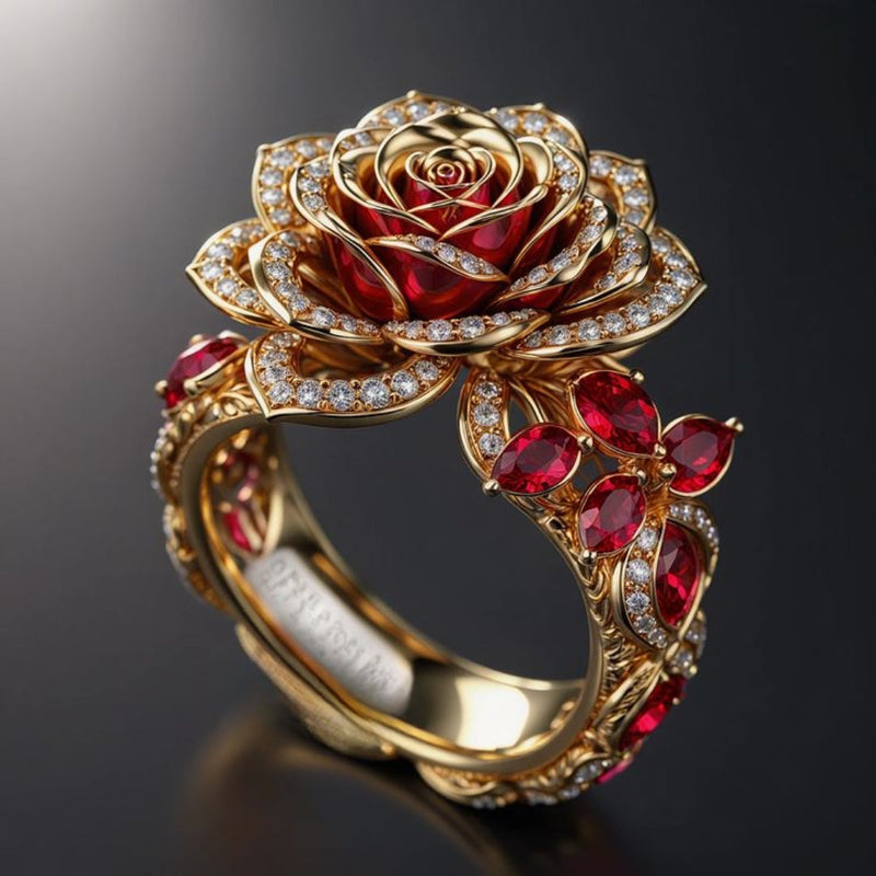 Exotic Red Rose Flower Gold Ring
