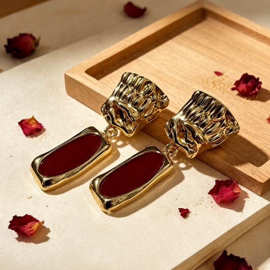 Red Stone Square Floral Earrings