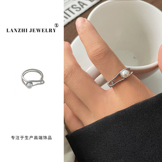 Elegant Asymmetric Pearl Silver Ring