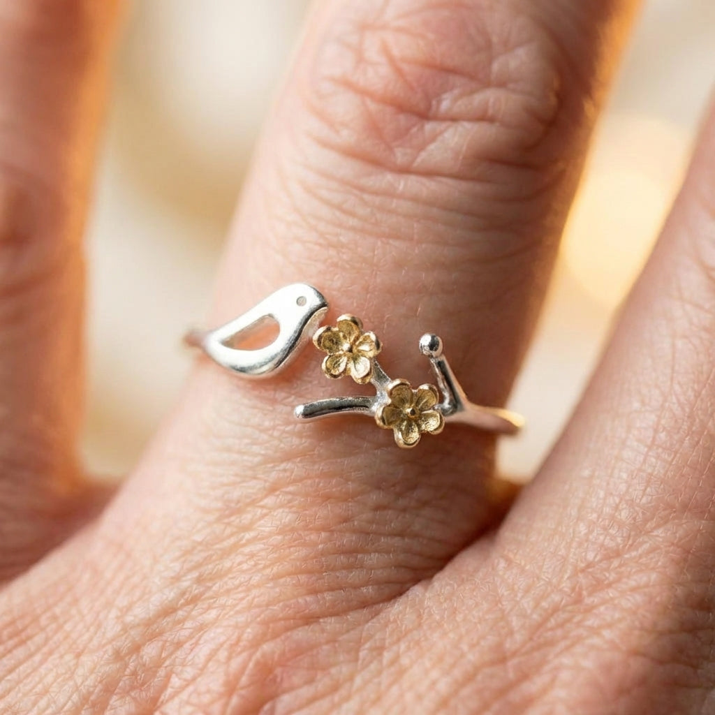 Elegant Bird Flower Ring