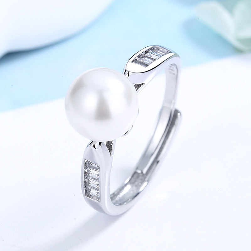 Elegant Crystal & Pearl Silver Open Ring