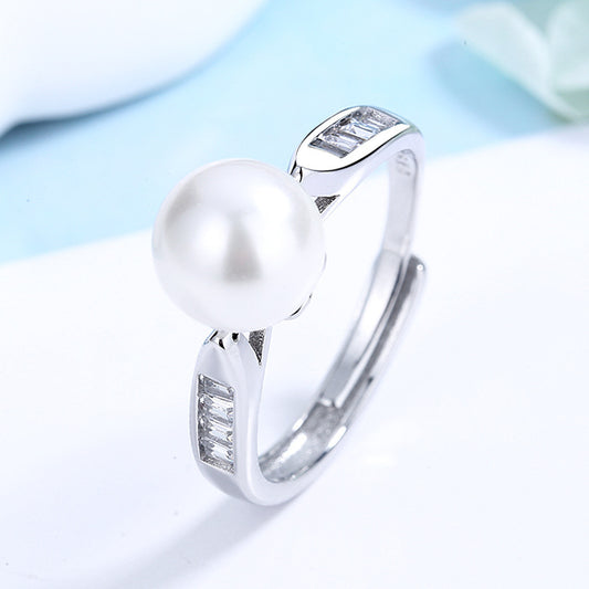Elegant Crystal & Pearl Silver Open Ring