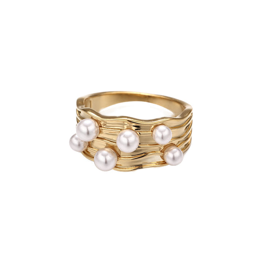 Elegant Gold Wave Multi Pearl Ring