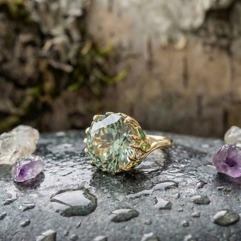 Elegant Green Leaf Crystal Ring