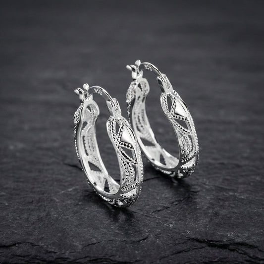 Elegant Hollow Carved Silver Hoop Earrings