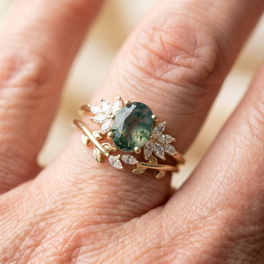 Elegant Moss Agate Ring Set