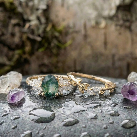 Elegant Moss Agate Ring Set