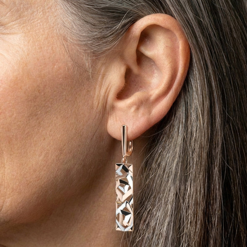 Elegant Rectangular Gold And Silver Earrings