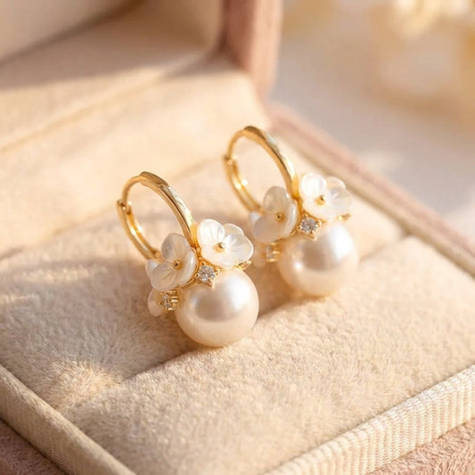 Vintage Flower Pearl Ball Pendant Earrings