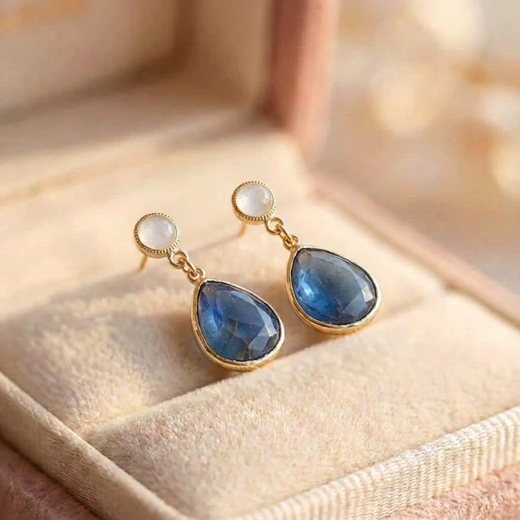 Blue Inlaid Drop Stone Pearl Earrings
