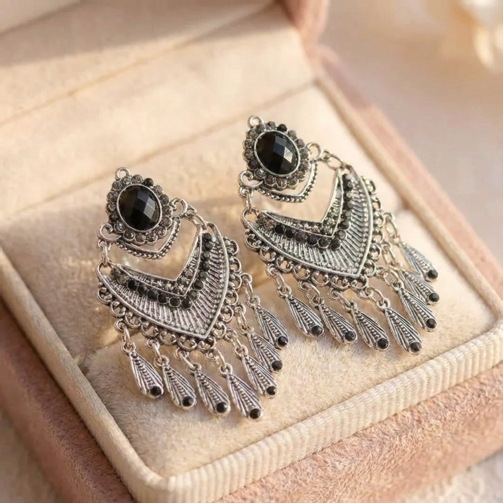 Vintage Black Rhinestone Bohemian Earrings