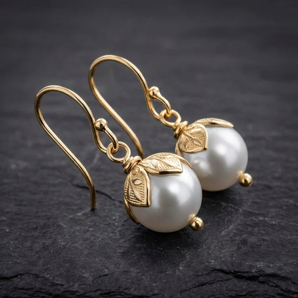 Vintage Gold Leaf Pearl Earrings