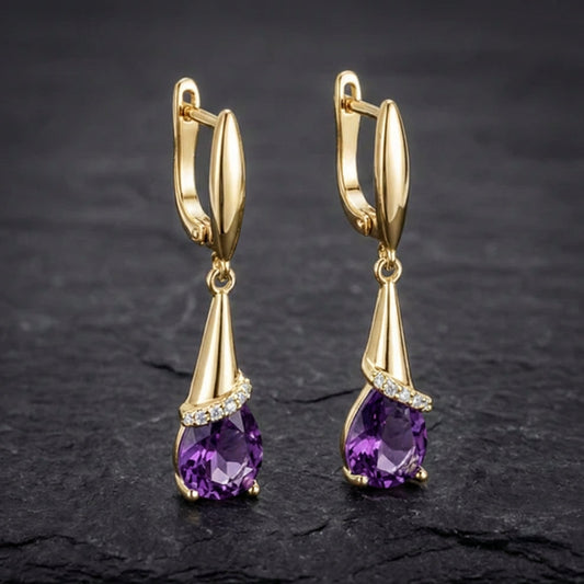 Elegant Purple Zircon Stone Gold Earrings