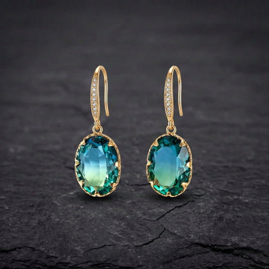 Exquisite Oval Inlaid With Blue Green Zircon Earrings